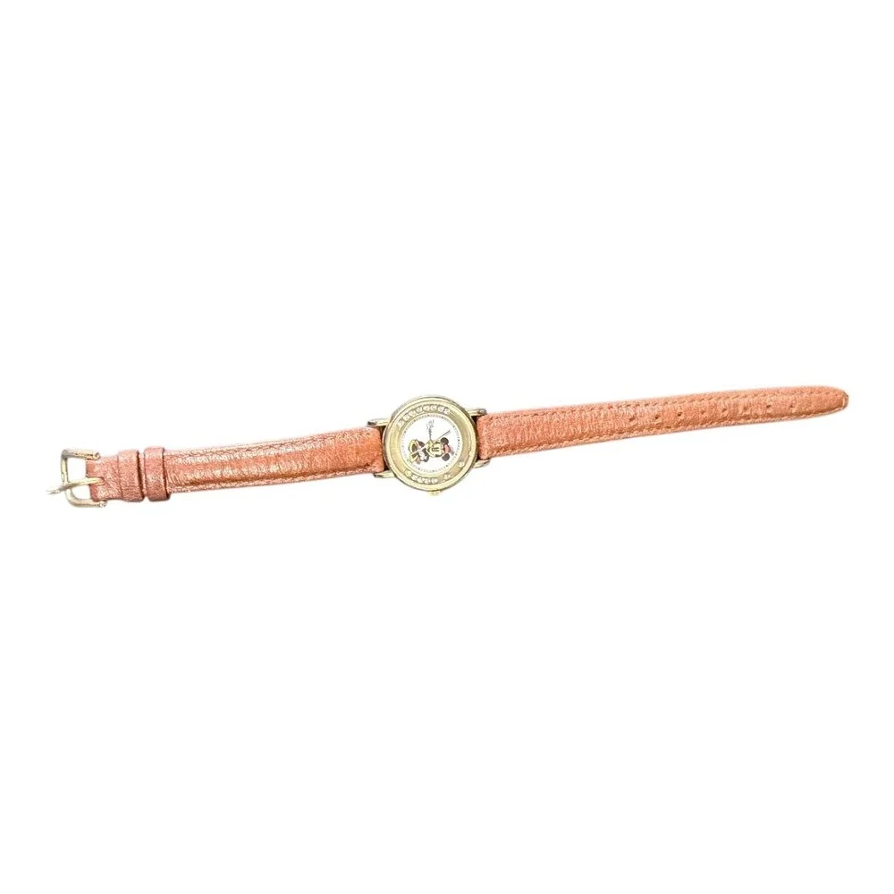 Vintage Disney Minnie Mouse Watch Tan Leather Band Rhinestone Bezel Quartz Gold